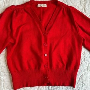 Red vintage inspired cropped cardigan brand Belle Poque